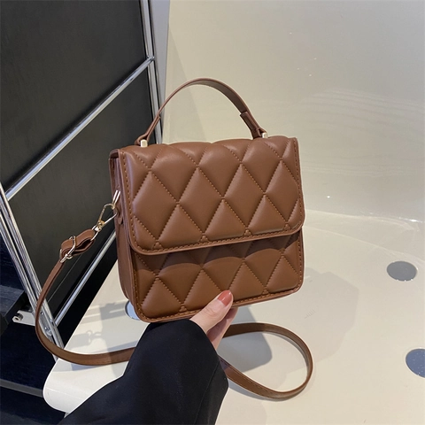 Women Quilted Crossbody Bag PU Leather Top Handle Small Square Handbag Retro Elegant Fashion Daily Accessory