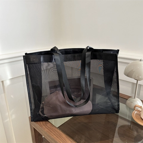 Dames Mesh Tote Bag Grote Capaciteit Lichtgewicht Ademend Net Schoudertas Minimalistisch Woon-werkverkeer Strandtas Zwart Wit