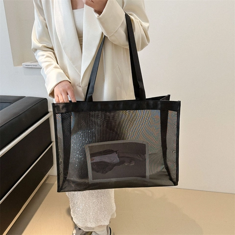 Dames Mesh Tote Bag Grote Capaciteit Lichtgewicht Ademend Net Schoudertas Minimalistisch Woon-werkverkeer Strandtas Zwart Wit