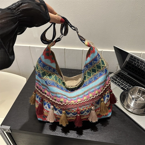 Bohemienne Ethnische Gewebte Umhängetasche Mit Quasten Geometrisches Muster Große Kapazität Leinwand Hobo Tasche Für Damen