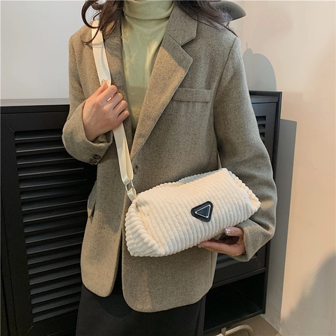 Borsa A Spalla In Velluto A Coste Donna Vintage Cilindro Tracolla Con Placca Triangolare Morbida Borsa Casual