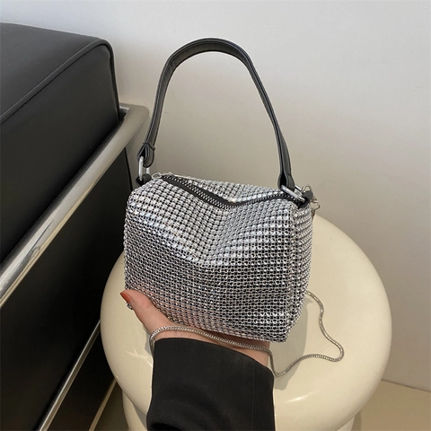 Borsa a Tracolla con Strass Donna Lusso Borsa Sottobraccio con Diamanti e Catena Elegante Borsa a Mano per Feste