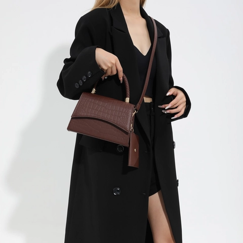 Women Shoulder Bag PU Leather Crocodile Pattern Woven Handle Square Crossbody Handbag With Mini Pouch Elegant