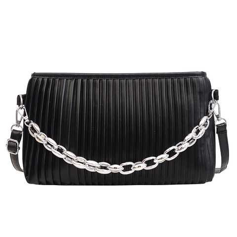 Bolso Bandolera para Mujer de Cuero PU Plisado con Cadena Plateada Bolso de Hombro de Color Sólido a la Moda