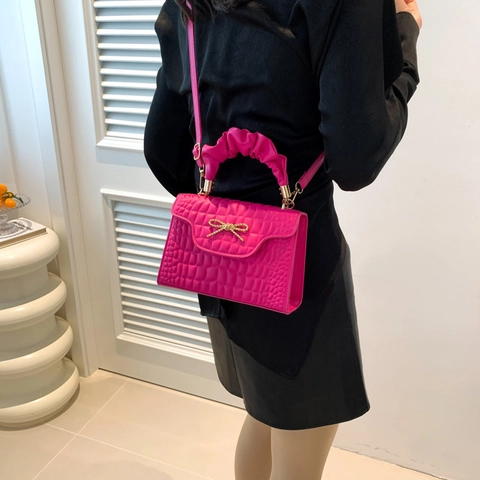 Women Crocodile Pattern Shoulder Bag Ruched Handle Metal Bow Decor Square Crossbody Handbag PU Leather Retro Small