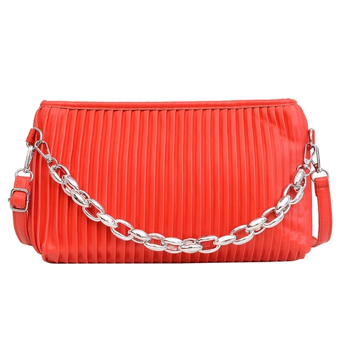 Bolso Bandolera para Mujer de Cuero PU Plisado con Cadena Plateada Bolso de Hombro de Color Sólido a la Moda