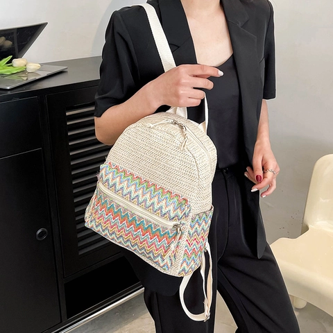 Mini Zaino In Paglia Intrecciata Boho Motivo Etnico Chevron Estate Spiaggia Casual Zainetto Da Viaggio Per Donna