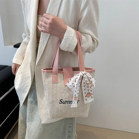 Women Straw Woven Handbag Summer Embroidery Shoulder Bag With Satin Scarf Decor Casual Beach Vacation Tote