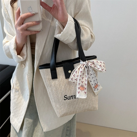 Women Straw Woven Handbag Summer Embroidery Shoulder Bag With Satin Scarf Decor Casual Beach Vacation Tote