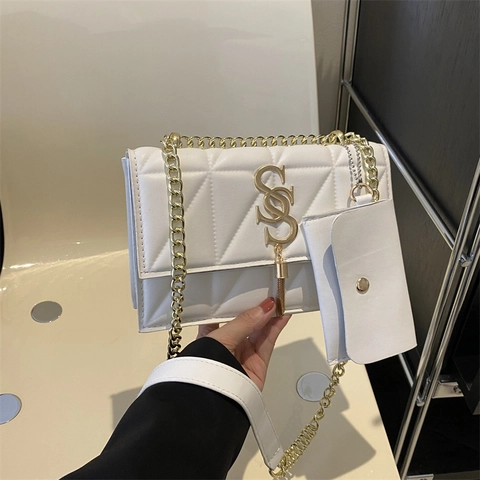 Bolso de Hombro Acolchado para Mujer Cuero PU Cadena Bolso Bandolera Con Mini Estuche Borla Hebilla S Dorada Bolso Cuadrado Pequeño