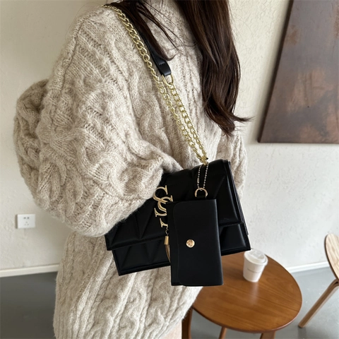 Borsa A Tracolla Trapuntata Da Donna In Pelle PU Catena Dorata Nappa Logo Lettera S Con Mini Pochette Trendy