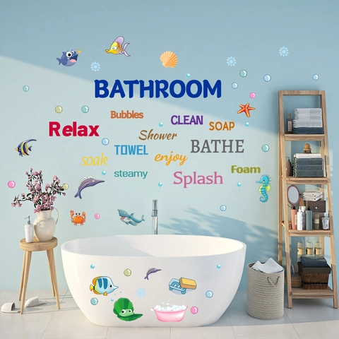 Calcomanías De Pared Baño Mundo Oceánico Impermeable PVC Dibujos Animados Peces Cangrejo Burbujas Pegatinas Para Bañera Niños