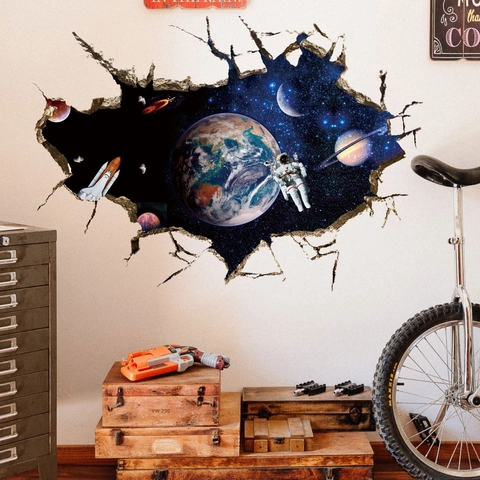 3D Space Astronaut Wall Sticker Waterproof PVC Galaxy Starry Sky Planet Mural For Living Room Bedroom Home Decoration