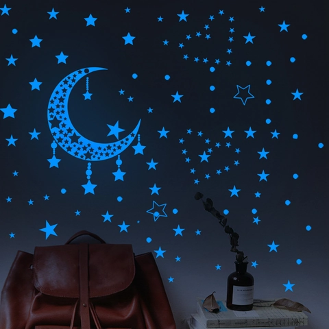 Blue Luminous Glow In The Dark Wall Stickers Mosque Crescent Moon Stars PVC Fluorescent Wall Decals For Kids Bedroom Ramadan Decorations