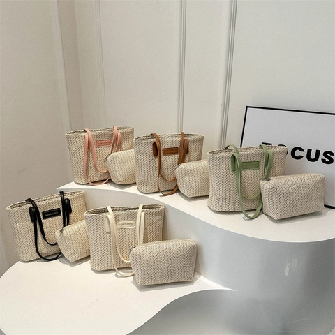 Ensemble Sac Fourre-tout Tissé en Paille Minimaliste pour Femmes Avec Poignée en Cuir PU Patch Lettres Fashion Bags Sac à Main de Plage