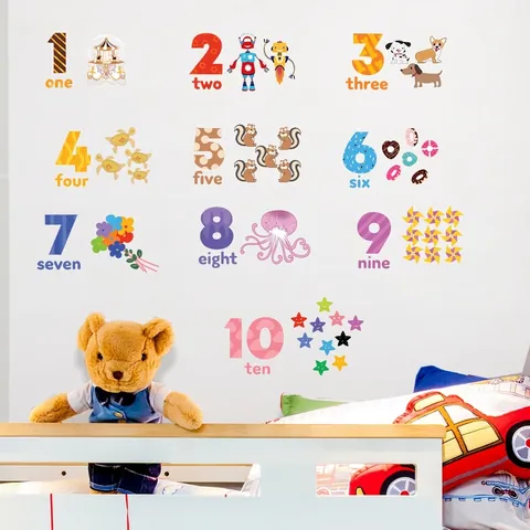 Adesivi Murali Educativi Numeri Cartoni Animati Per Cameretta Bambini PVC Removibile Decorazione Asilo Nido