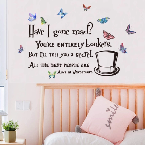 Alice In Wonderland Quote Wall Sticker With Colorful Butterflies And Top Hat PVC Waterproof Removable Decal Home Decor