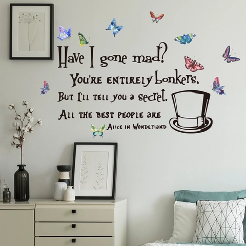 Alice In Wonderland Quote Wall Sticker With Colorful Butterflies And Top Hat PVC Waterproof Removable Decal Home Decor