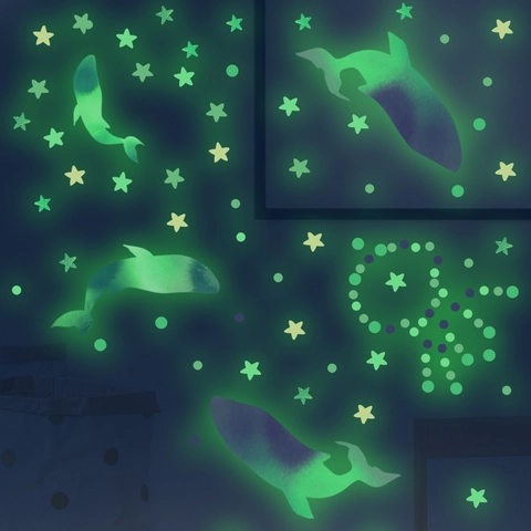 Luminous Glow In The Dark Wall Stickers Whale Dolphin Stars Dots Pattern PVC Waterproof Fluorescent Decals For Kids Room Bedroom
