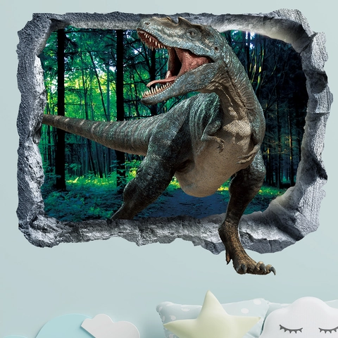 3D Créatif Dinosaure Sticker Mural PVC Imperméable Mur Brisé T-Rex Paysage Forestier Décalcomanie Pour Chambre D'Enfant Salon Décor