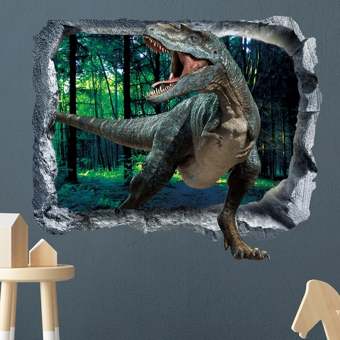 3D Créatif Dinosaure Sticker Mural PVC Imperméable Mur Brisé T-Rex Paysage Forestier Décalcomanie Pour Chambre D'Enfant Salon Décor