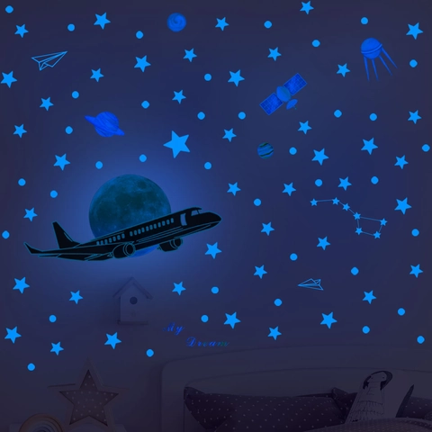 Glow In The Dark Muurstickers Lichtgevende Ster Maan Vliegtuig Decals PVC Fluorescerende Nachthemel Voor Kinderkamer