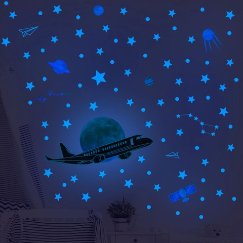 Glow In The Dark Muurstickers Lichtgevende Ster Maan Vliegtuig Decals PVC Fluorescerende Nachthemel Voor Kinderkamer
