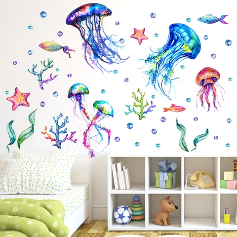 Aquarel Onderwaterwereld Muurstickers Verwijderbare PVC Kwal Koraal Vis Decals Voor Kinderkamer Slaapkamer Cartoon Kunst Decor