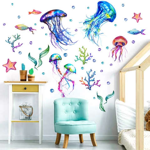 Aquarel Onderwaterwereld Muurstickers Verwijderbare PVC Kwal Koraal Vis Decals Voor Kinderkamer Slaapkamer Cartoon Kunst Decor