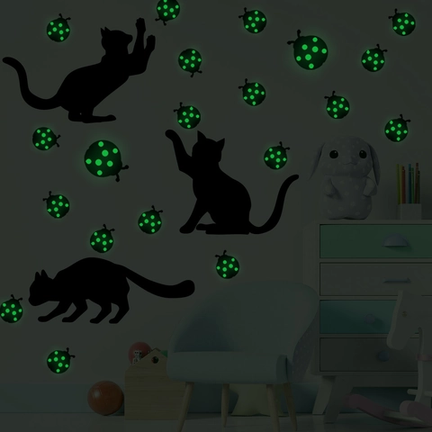Luminous Wall Stickers Glow In The Dark PVC Cat Silhouette Ladybug Decals For Kids Room Bedroom Home Decor Cartoon