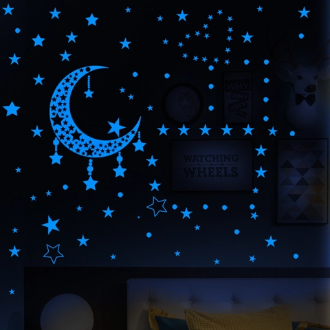 Blue Luminous Glow In The Dark Wall Stickers Mosque Crescent Moon Stars PVC Fluorescent Wall Decals For Kids Bedroom Ramadan Decorations