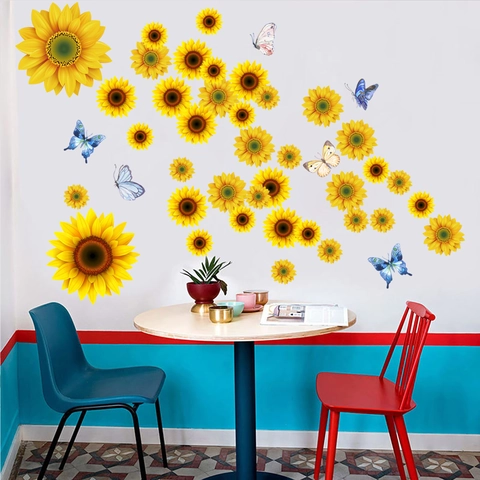 Autocollants Muraux Tournesol Papillon PVC Amovible Auto Adhésif Décalcomanies Florales Pour Salon Chambre Déco Maison