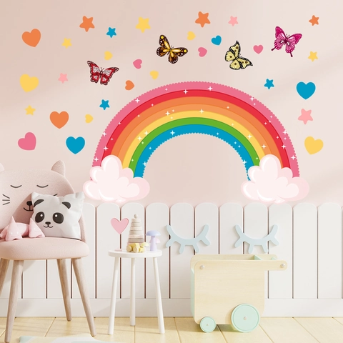 Stickers Muraux Arc-En-Ciel Papillon Cœur Nuage PVC Imperméable Décoration Maison Pour Chambre Enfant Et Crèche