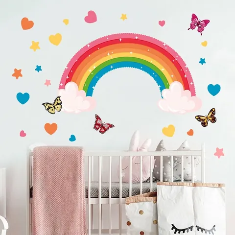 Cartoon Regenboog Ster Hart Vlinder Muursticker Voor Kinderkamer Slaapkamer PVC Waterdicht Decoratieve Zelfklevende Muursticker