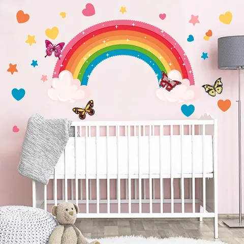 Cartoon Regenboog Ster Hart Vlinder Muursticker Voor Kinderkamer Slaapkamer PVC Waterdicht Decoratieve Zelfklevende Muursticker