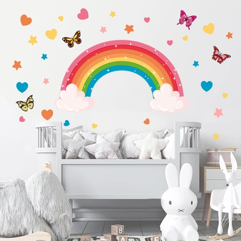 Stickers Muraux Arc-En-Ciel Papillon Cœur Nuage PVC Imperméable Décoration Maison Pour Chambre Enfant Et Crèche