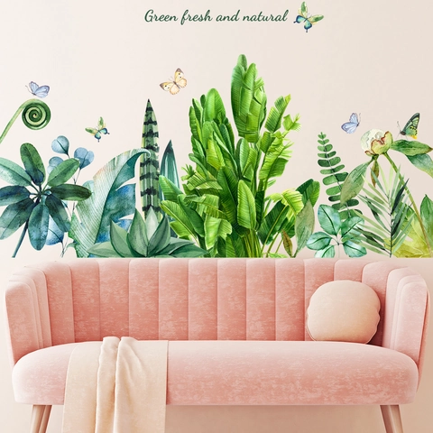Pegatinas de Pared de Hojas de Plantas Verdes Tropicales Mariposa Acuarela PVC Impermeable Calcomanías para Sala de Estar Dormitorio Hogar