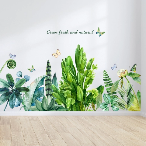 Pegatinas de Pared de Hojas de Plantas Verdes Tropicales Mariposa Acuarela PVC Impermeable Calcomanías para Sala de Estar Dormitorio Hogar