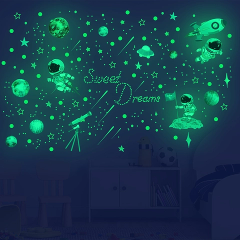 Adesivi Murali Astronauta Pianeta Stella Fluorescenti Tema Spaziale Decalcomanie in PVC per Cameretta Bambini Camera da Letto