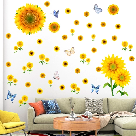 Autocollants Muraux Tournesol Papillon PVC Amovible Auto Adhésif Décalcomanies Florales Pour Salon Chambre Déco Maison