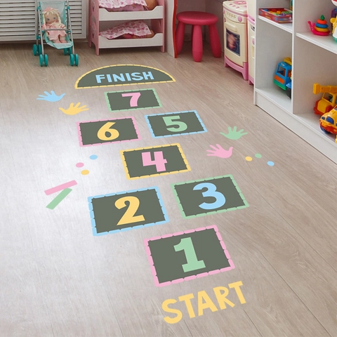 Stickers de Sol Jeu de Marelle Créatifs Chiffres Anglais en PVC Coloré Décalcomanie Murale pour Décoration de Salle de Jeux