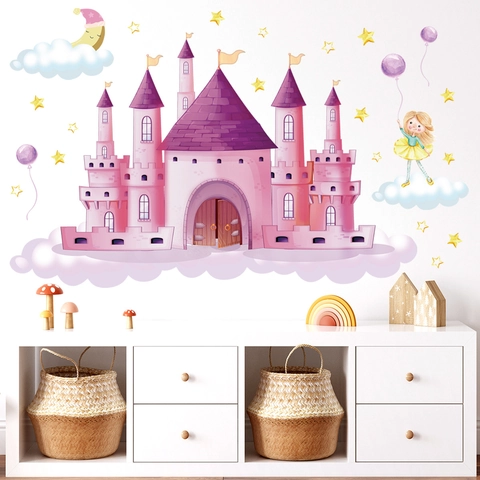 Pink Castle Wall Sticker Dreamy Cartoon Girl Star Moon Pattern PVC Waterproof Wall Decal For Kids Room Bedroom Home Decor