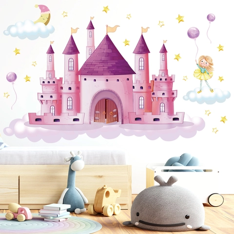 Pink Castle Wall Sticker Dreamy Cartoon Girl Star Moon Pattern PVC Waterproof Wall Decal For Kids Room Bedroom Home Decor