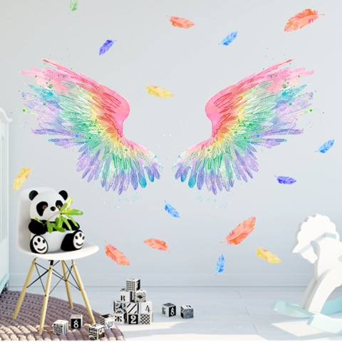 Watercolor Angel Wings Wall Sticker Rainbow Gradient Feather Wall Decal For Kids Room Nursery Bedroom PVC DIY Home Decor