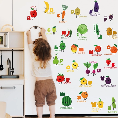 Cartoon Alphabet Fruit Vegetable Wall Stickers For Kids Room ABC Learning Decals PVC Waterproof Educational Nursery Decor