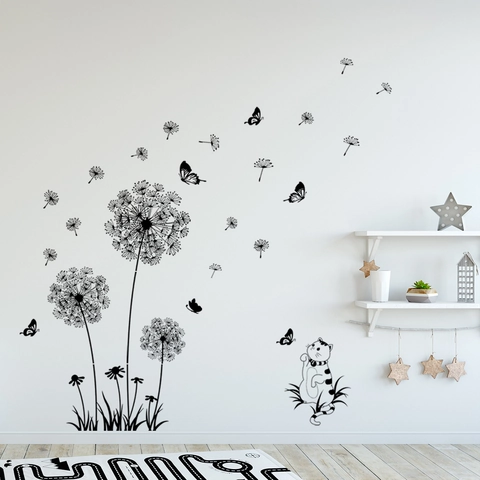 Stickers Muraux Pissenlit Papillon Chat Silhouette Noire PVC Autocollants Imperméables Pour Salon Chambre Décoration Maison
