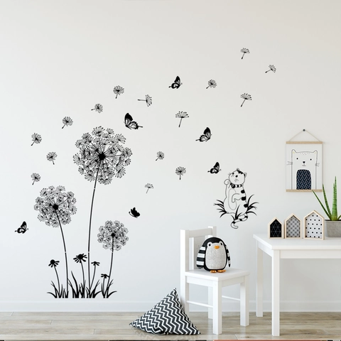 Stickers Muraux Pissenlit Papillon Chat Silhouette Noire PVC Autocollants Imperméables Pour Salon Chambre Décoration Maison