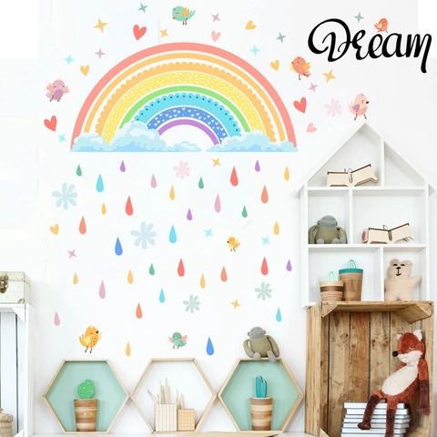Adesivi Murali Arcobaleno Uccello Goccia Di Pioggia PVC Impermeabile Rimovibile Cartone Animato Decalcomanie Per Cameretta Bambini Asilo Dream