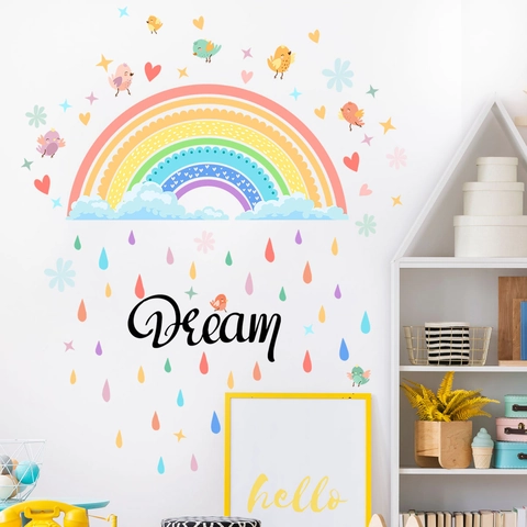 Watercolor Rainbow Clouds Birds Wall Stickers PVC DIY Removable Decals For Kids Nursery Room Decor Bedroom Decoration