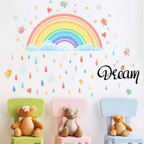 Adesivi Murali Arcobaleno Uccello Goccia Di Pioggia PVC Impermeabile Rimovibile Cartone Animato Decalcomanie Per Cameretta Bambini Asilo Dream